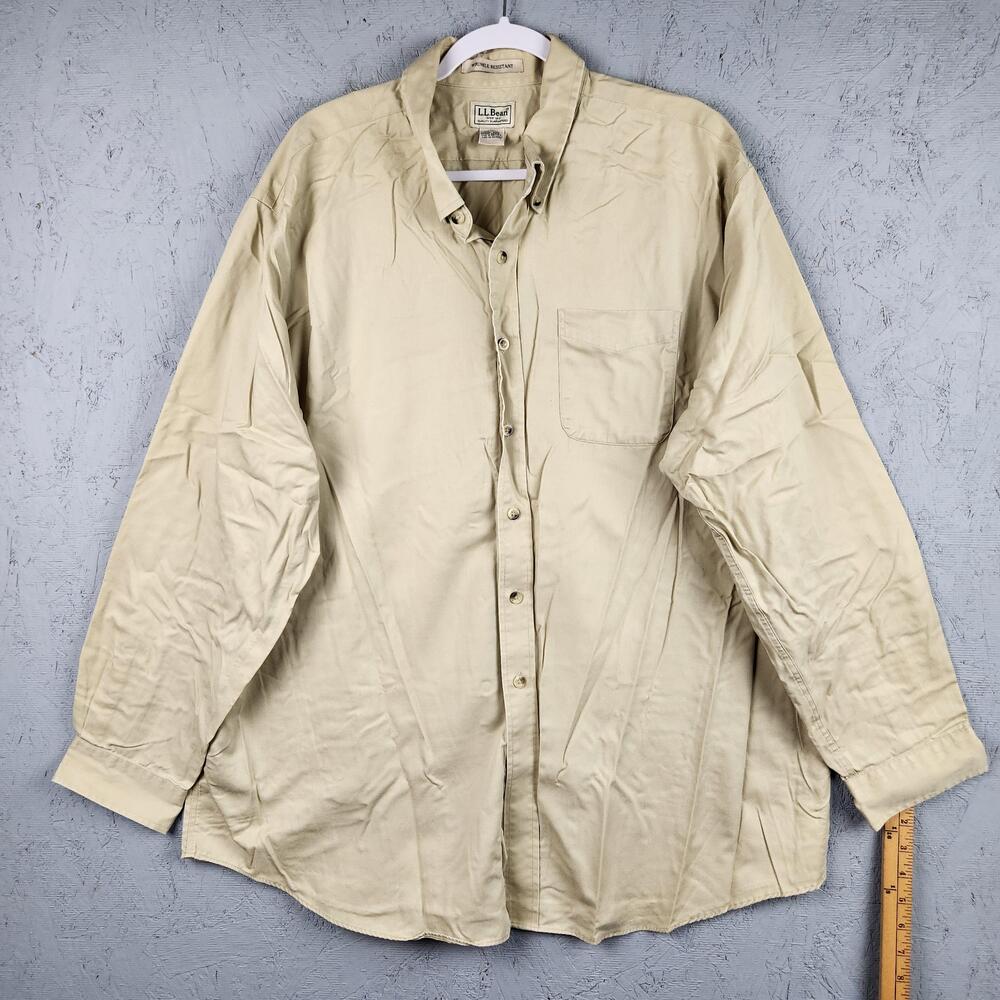 LL Bean Shirt Mens 2XL Beige Wrinkle Resistant Cotton Button Front Pocket Dress